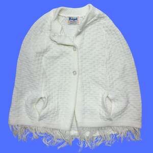 Vintage Royal Cape Poncho Kids White Textured Knit Button Front Fringe Hem USA